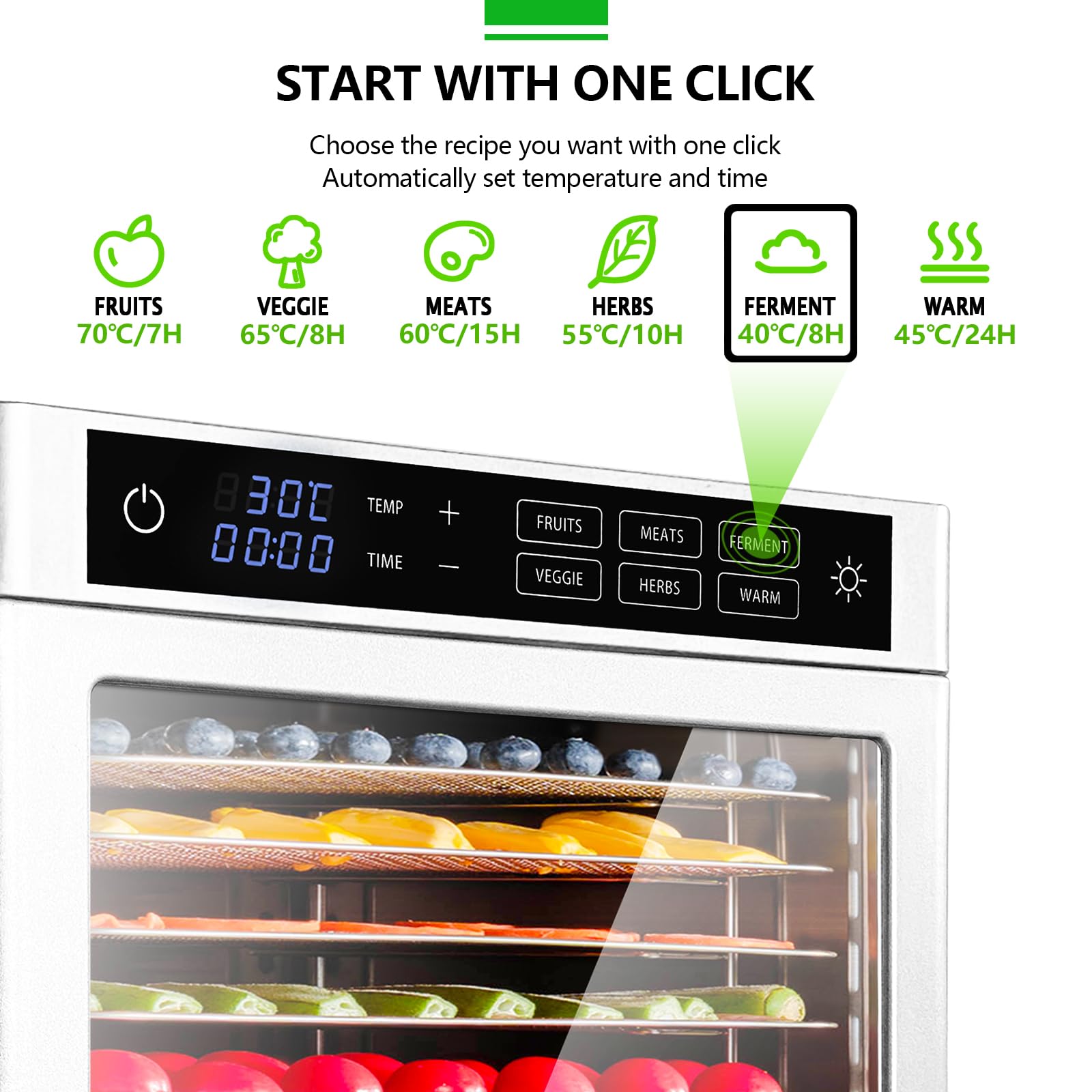 Dörrautomat Edelstahl mit 8 Edelstahlgitter 500W - oiyocemo 6 Voreinstellungen für Dörrgerät Dehydrator Obsttrockner Dörrappara