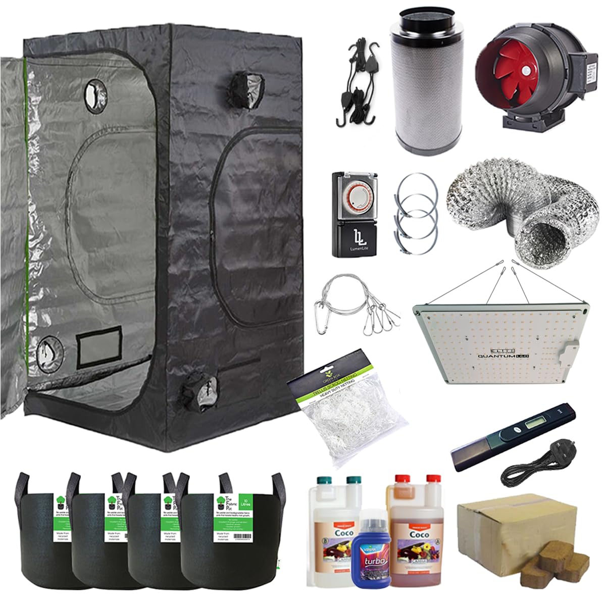 Gardeners Corner Hydroponics Complete Grow Room Tent Kit - 4" Fox Odour Neutralising Filter Kit - 600w LED Full Spectrum Grow Light - 120 x 120 x 200cm Grow Tent