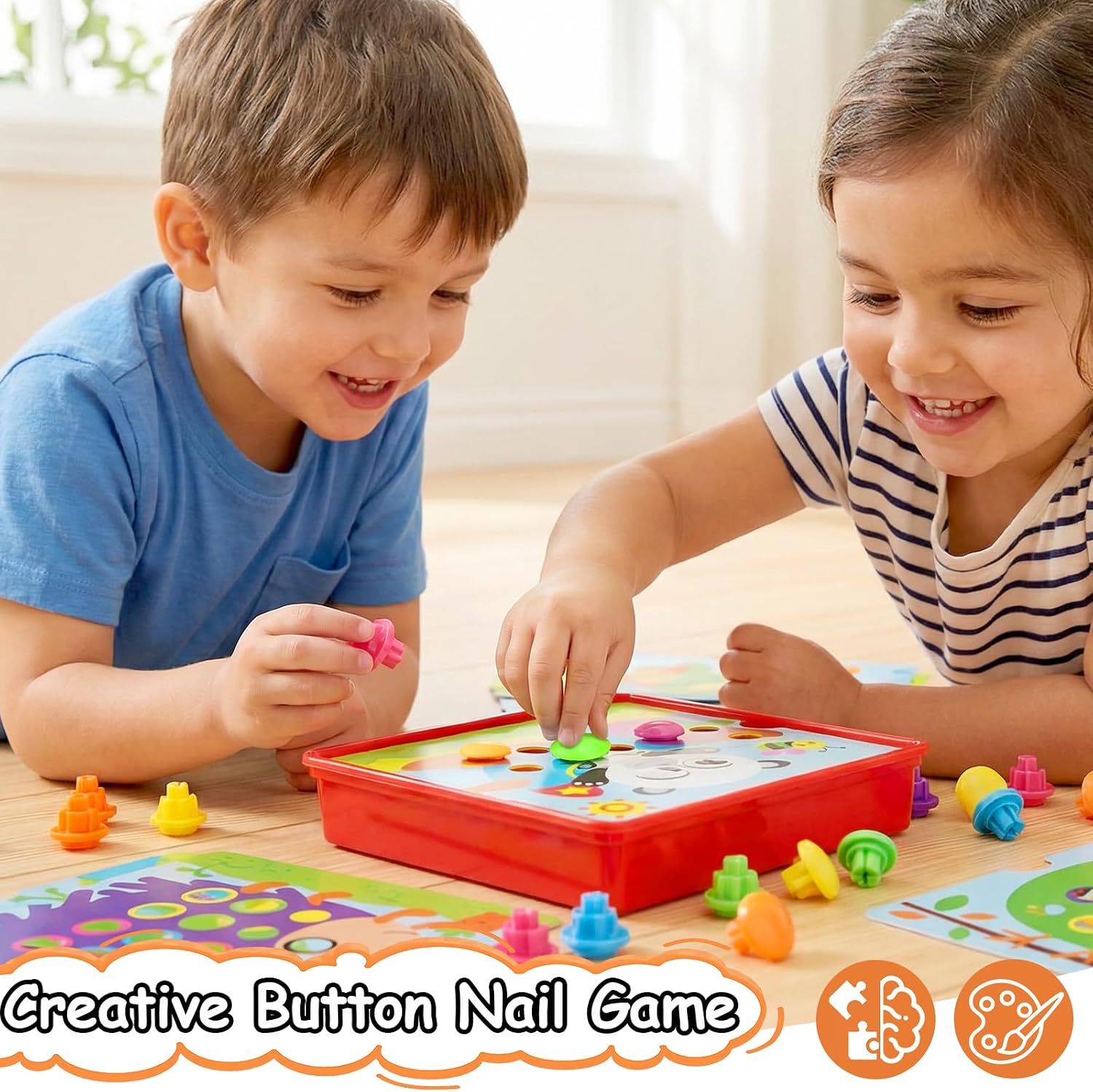 AluAbi Large Button Art Toys for Toddlers, 10'' x 10'' Color Matching Mosaic Pegboard with 12 Pictures and 46 Buttons, Early Educational Toys for 3, 4, 5, 6 Year Old Kids Boys and Girls Gifts