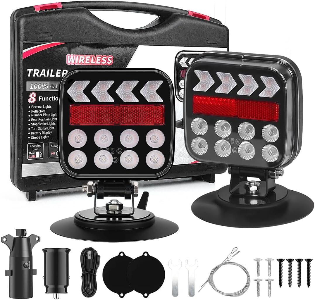 Wireless Magnetic Trailer Lights, Upgraded 2.4GHz Wireless Tow Light Kit with Strobe & Reverse Lights, Multifunction Towing Lights for RV Boat Truck