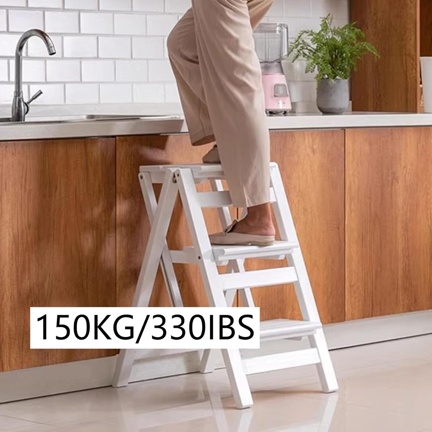 Wooden Step Stool Ladder, 3-Tier Folding Step, Durable Stepladders for Safety and Storage, Supports up to 330 lb, Ideal for Shelf Access and Sitting Chair