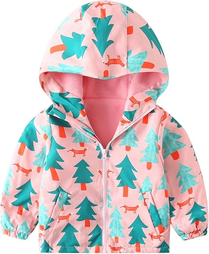 Happy Cherry Kid Girl Winter Printed Coat Jacket Fleece Lined Fur Hood Overcoat Dress Coat 4-10 Years