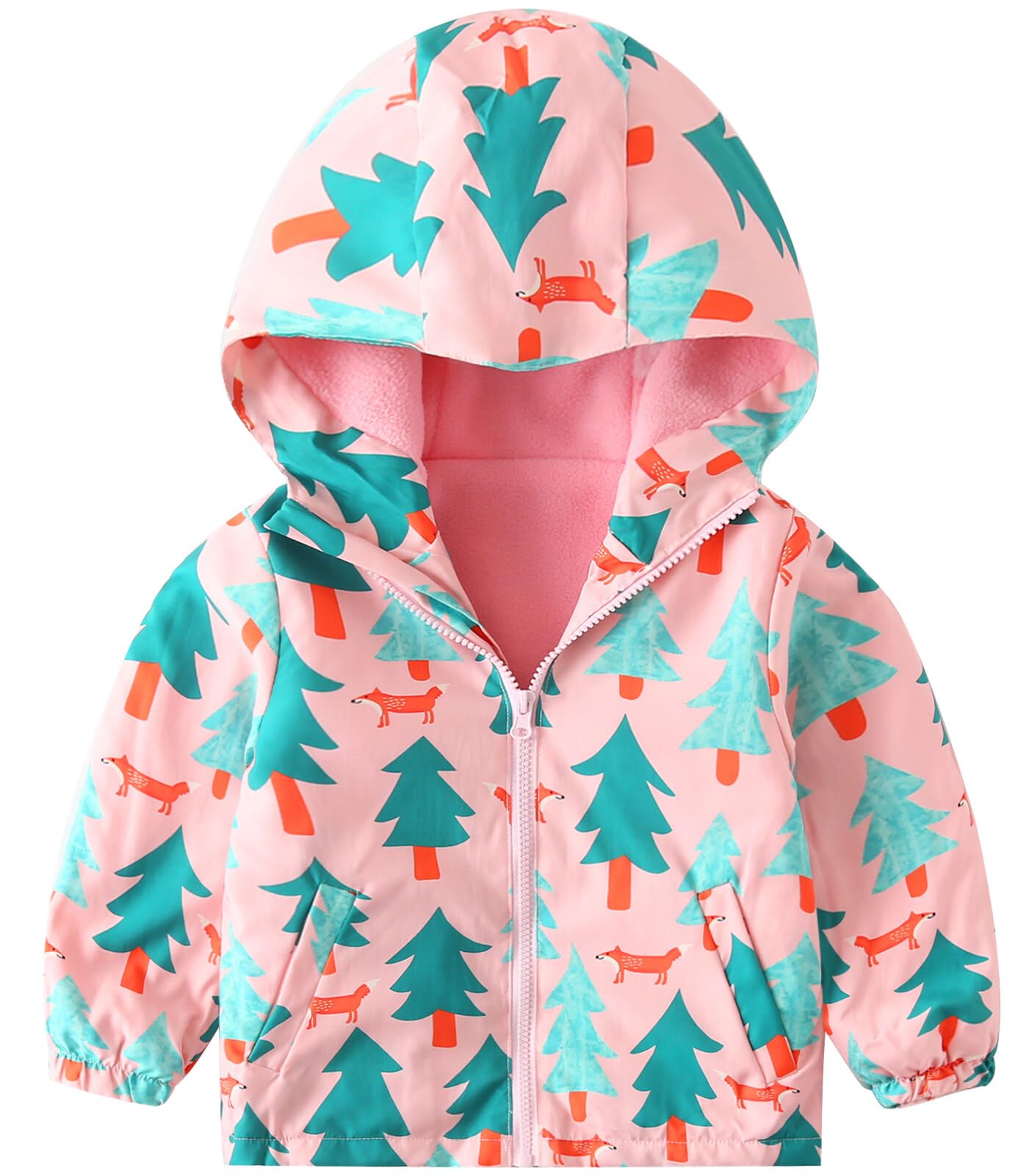 Happy Cherry Kid Waterproof Rain Jacket Hoodie Windbreaker Toddler Long Sleeve Zipper Jackets Baby Girls Fleece Lining Hooded Coat Outwear for Winter Fall 18-24 Mon