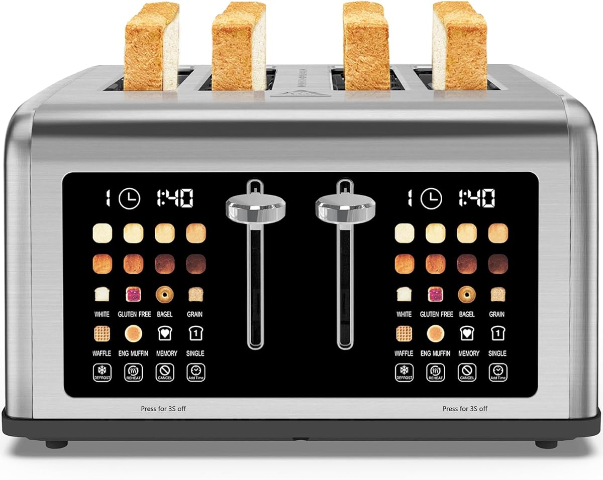4 Slice Toaster Touch Screen, Stainless Steel Toasters Digital Timer, Dual Control Panel Toasters, 8 Shade Settings 6 Bread Types for Bagel, Cancel, Defrost 1650W