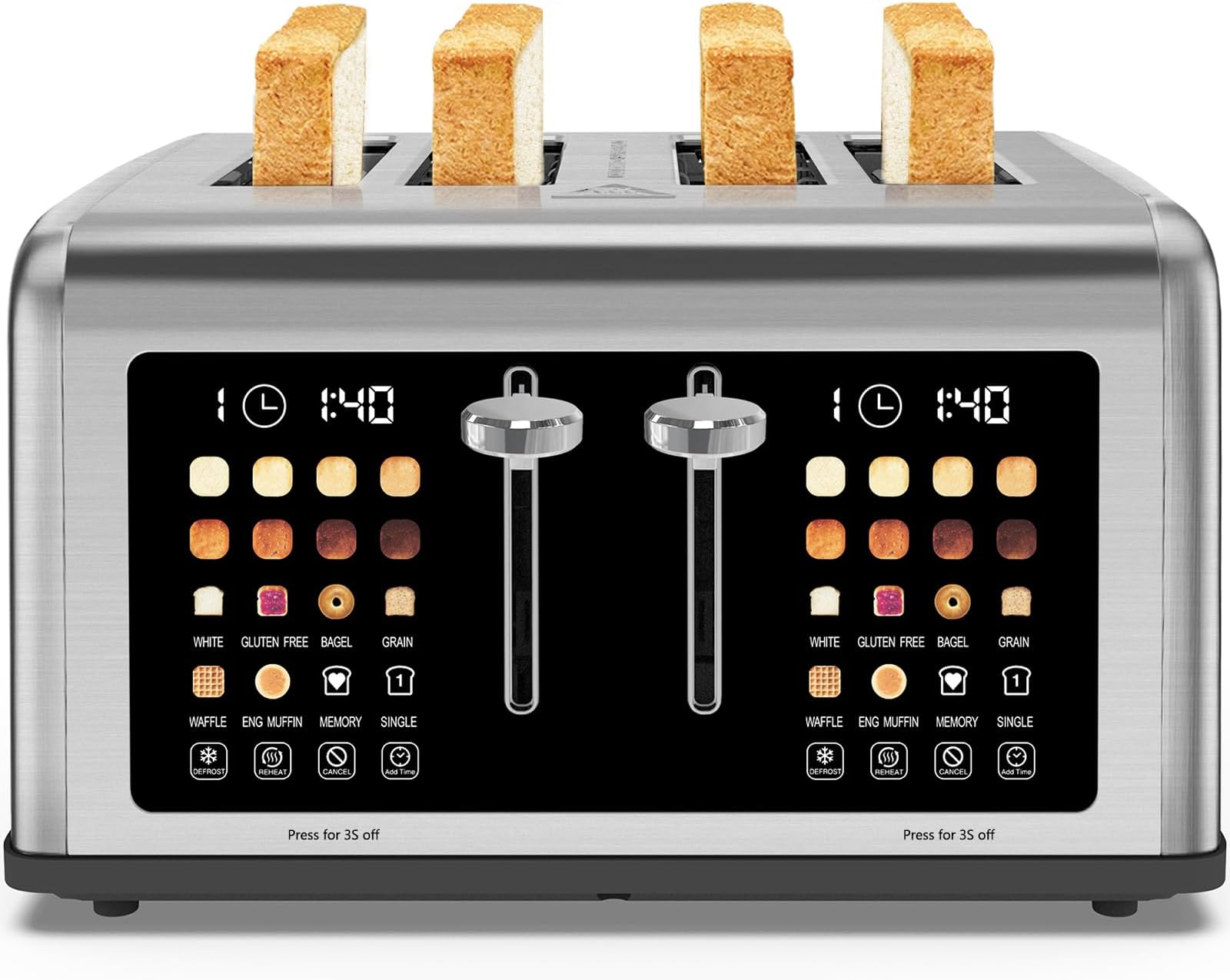 - 4 Slice Toaster Touch Screen, Stainless Steel Toasters Digital Timer, Dual Control Panel Toasters, 8 Shade Settings 6 Bread Types for Bagel, Cancel, Defrost 1650W