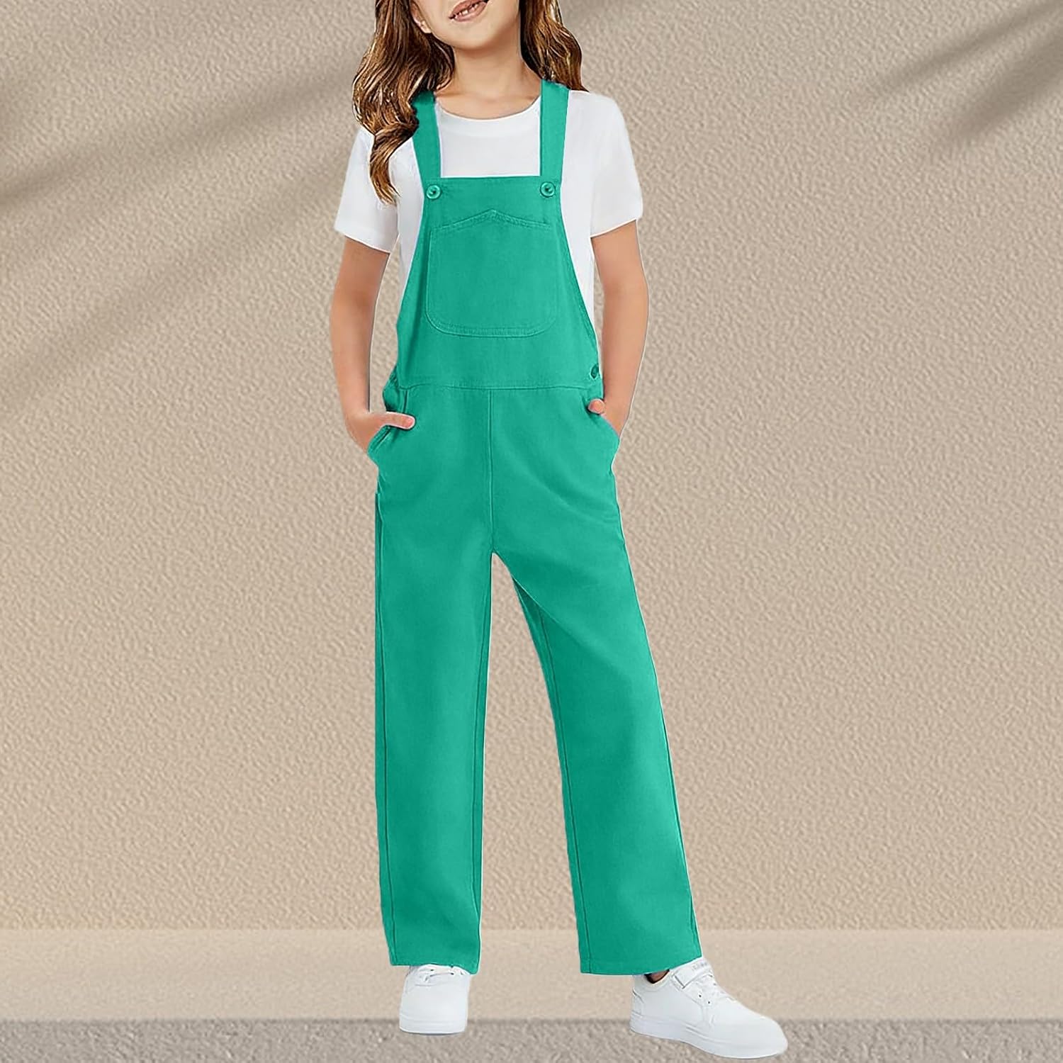 Girls Casual Overalls Summer Wide Leg Sleeveless Romper Loose Fit Adjustable Strap Stretchy Jumpsuit with Front Pockets