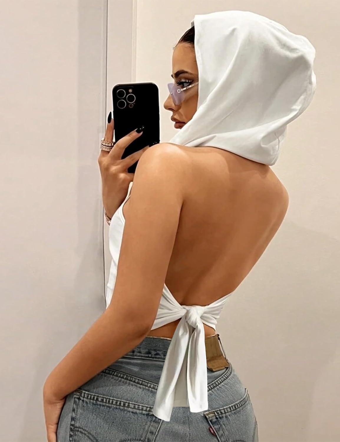 Women’s Backless Hoodie Tank Top, Sexy Draped Halter Crop Top, Stretchy Rave Festival Outfit