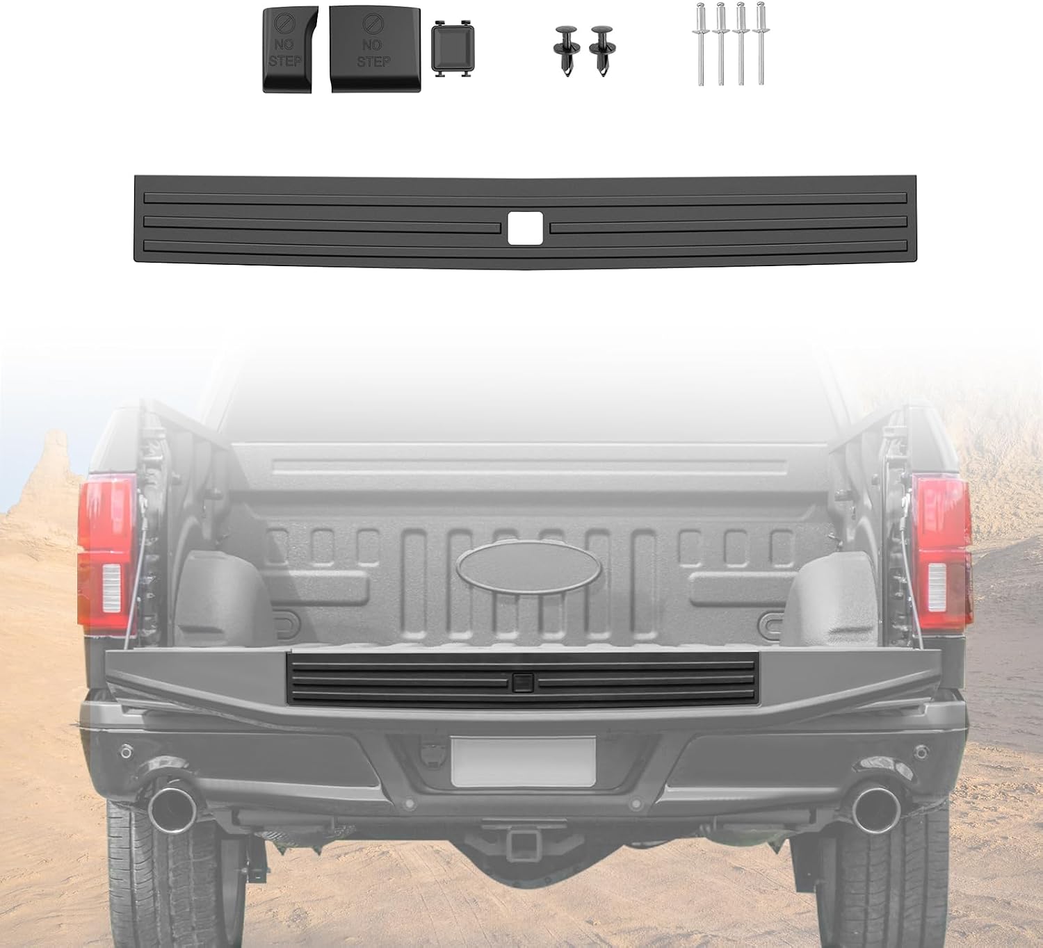 Center Tailgate Molding Trim Compatible with 2015-2020 Ford F150 (NOT FIT Super Duty), Replace #FL3Z9940602B, #FO1904135, Flex Step Cap Top Protector Cover w/Release Button,