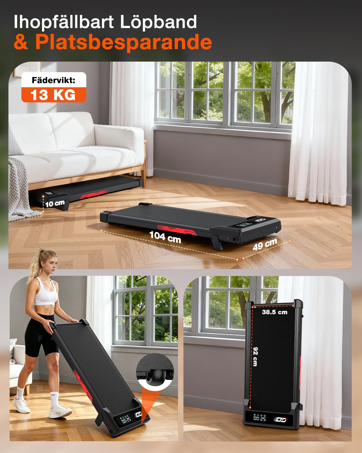 Tapis de Course et de Marche 3 en 1 avec Pente 9%, Tapis Roulant Pliable 1-10 km/h, Walking Pad Électrique, Moteur sans Balais Silencieux 3,0 HP, 140 kg Max, Écran LED, Amorti