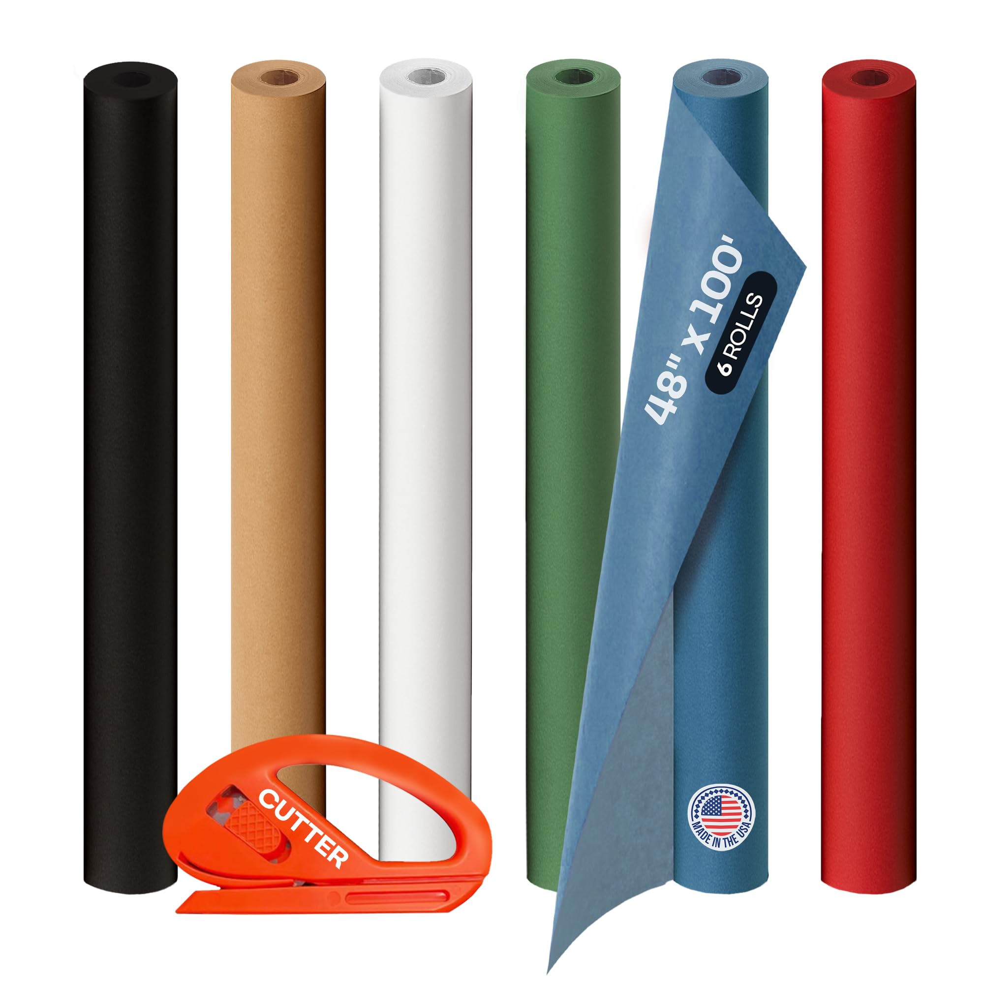 Assorted Colors Kraft Paper with Cutter, Set of 6 Rolls 48" x 1200"(100 ft)