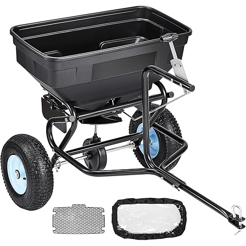 VEVOR Tow Behind Broadcast Spreader, 130LBS Capacity, Tow-Behind Lawn Spreader with 13 in Tires, 30 Adjustable Setting & 9.8 ft Spreading Width, Lawn Spreaders for Seed, Fertilizer, Salt, Ice Melt