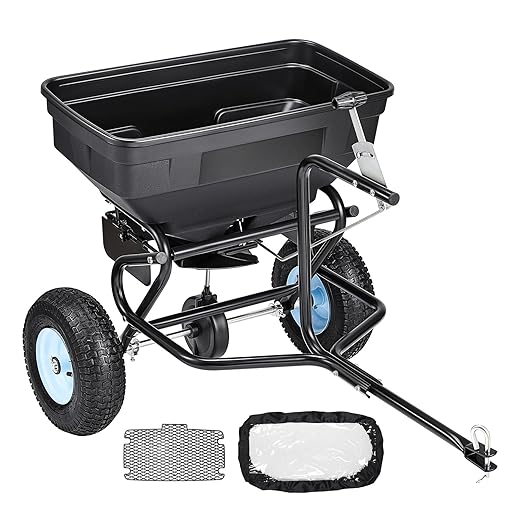 VEVOR Tow Behind Broadcast Spreader, 130LBS Capacity, Tow-Behind Lawn Spreader with 13 in Tires, 30 Adjustable Setting & 9.8 ft Spreading Width, Lawn Spreaders for Seed, Fertilizer, Salt, Ice Melt