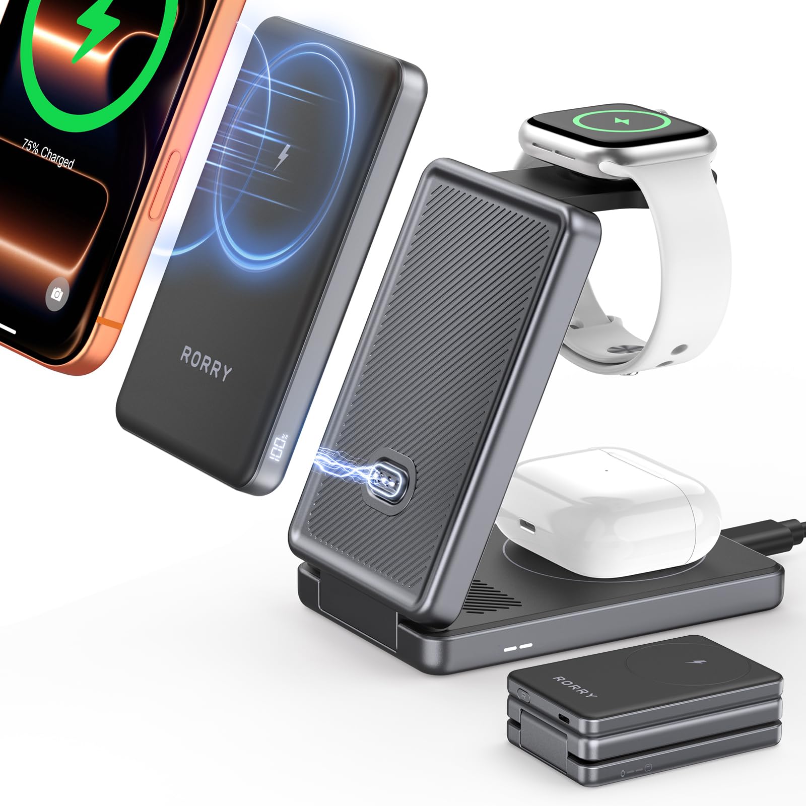 RORRY ワイヤレス充電器 4in1 magsafe充電器 AuraDock【10000mAh大容量 着脱式モバイルバッテリー 最大30W急速充電】
