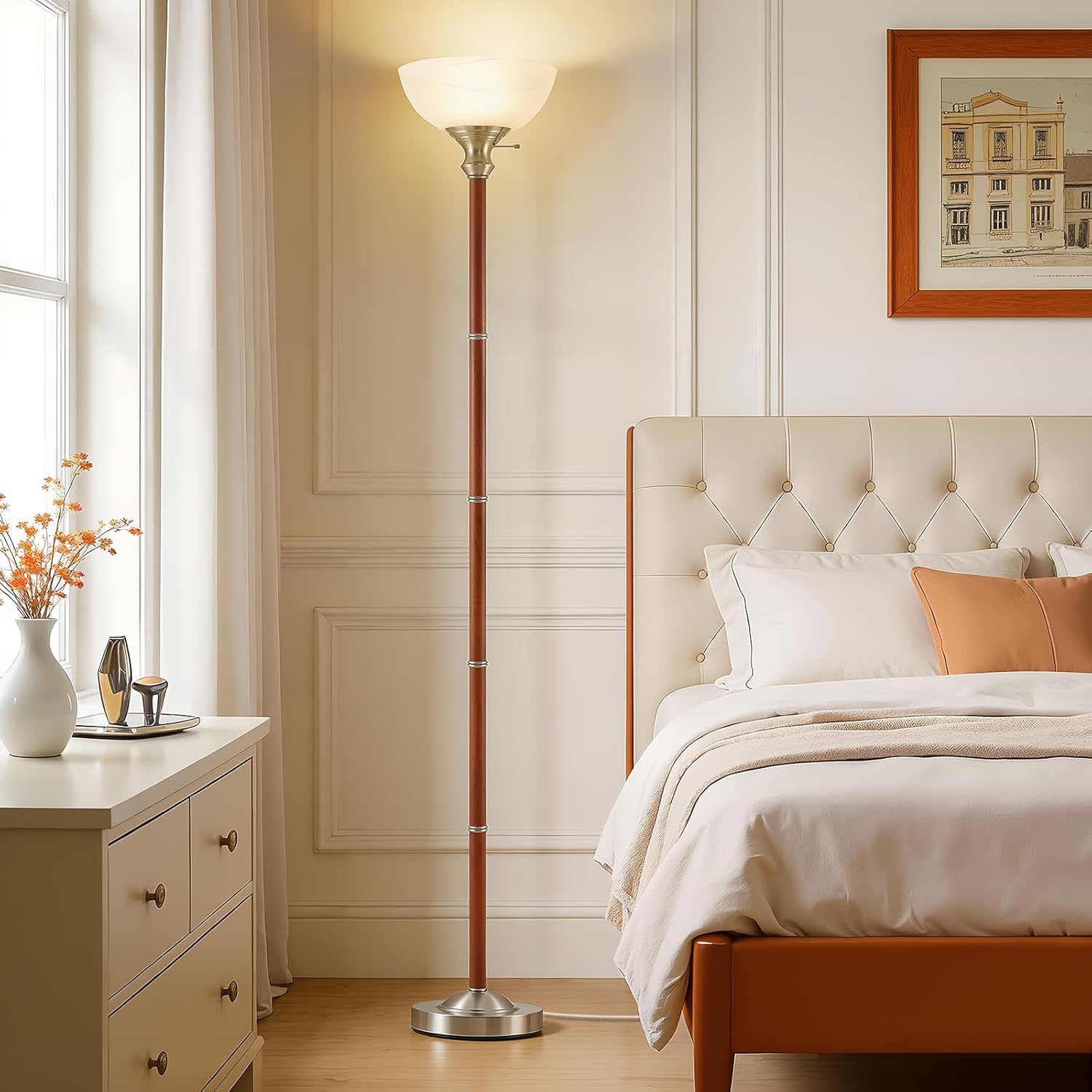 Wood Floor Lamp for Living Room - Brushed Nikel Torchiere Floor Lamps for Bedroom Standing Lamp with Glass Shade - Mid Century Modern Corner Tall Lamps for Home Office Nursery Reading Light