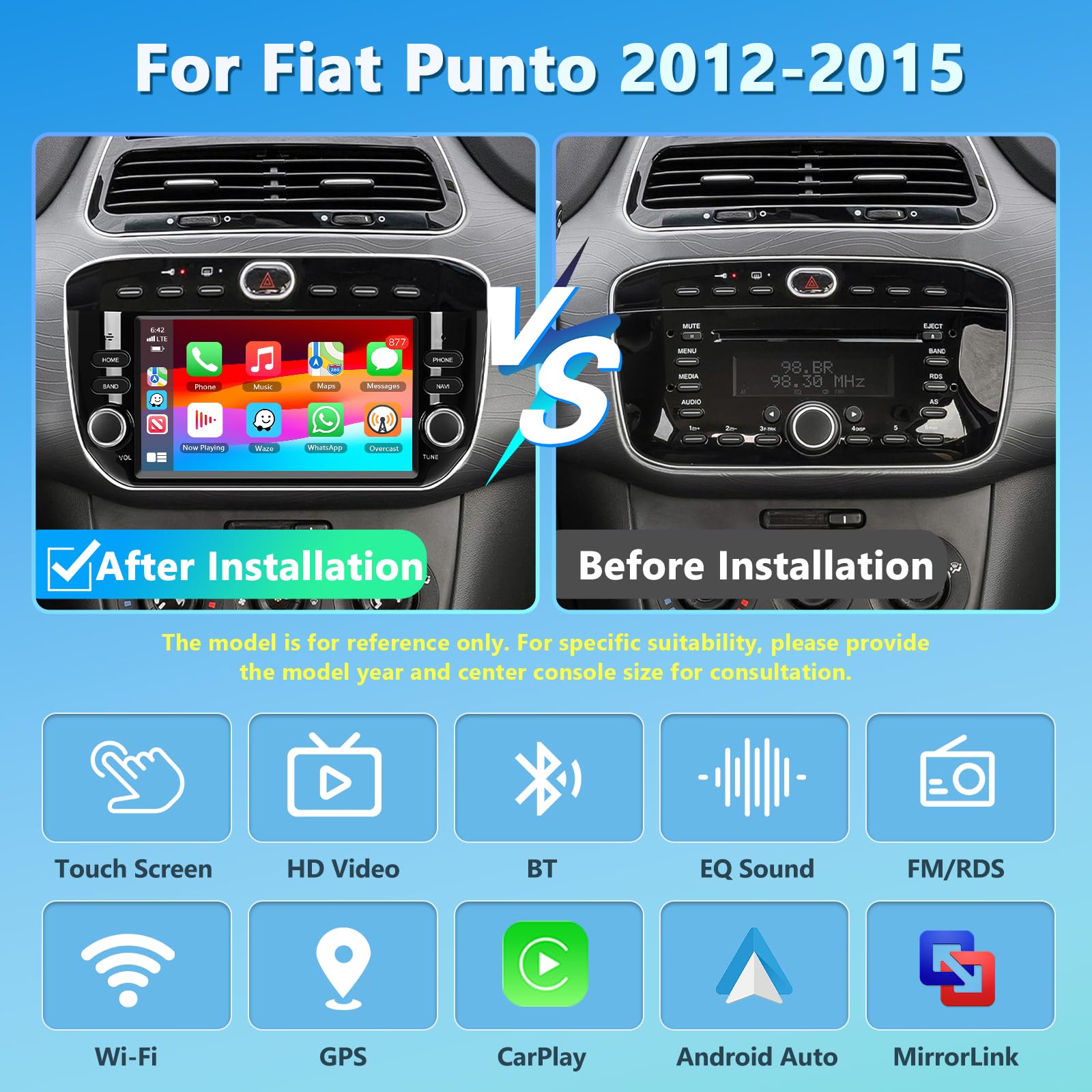 Carplay Autoradio per Fiat Punto 2012-2015 con Wireless Android Auto 2G+64G, Bluetooth Car Stereo Schermo con GPS Navigation 5G WiFi RDS/FM SWC USB Mirror Link +Canbus+AHD/CVBS Telecamera