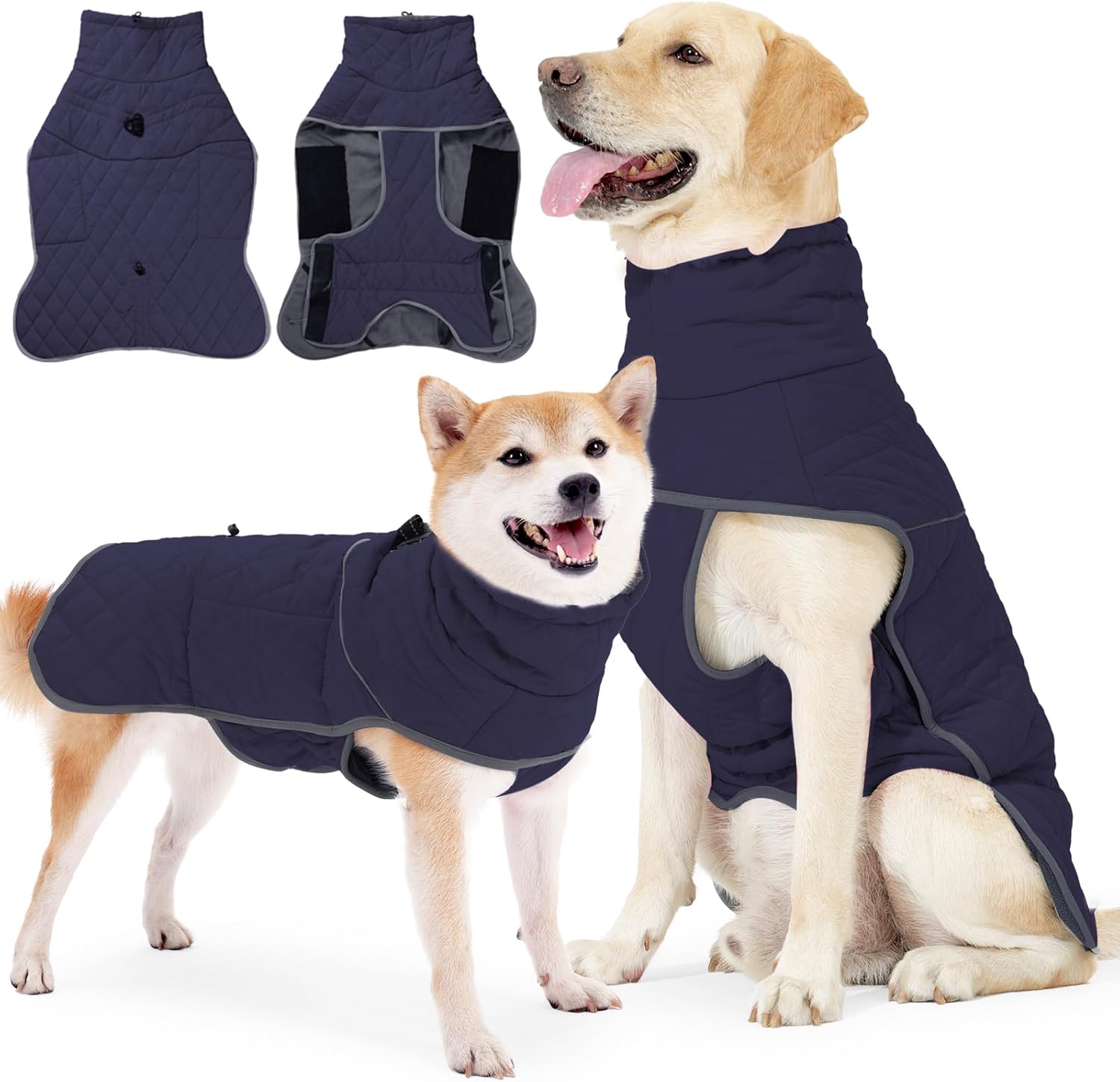 Dog Winter Coat with Harness, Reflective Windproof&Waterproof Fleece Jacket for Cold Weather, Dog Pullover Jumpsuit Snowsuit for Small Medium Large Dogs, Navy 2XL