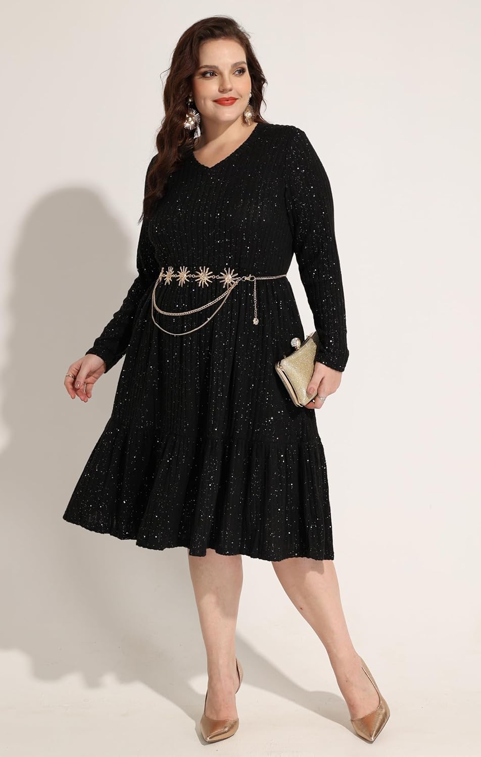 CARCOS Plus Size Dresses for Curvy Women Crew/Vneck Long Sleeve Dresses Ladies Knee Long Fall Winter Dress with Pocket XL-5XL - Image 4