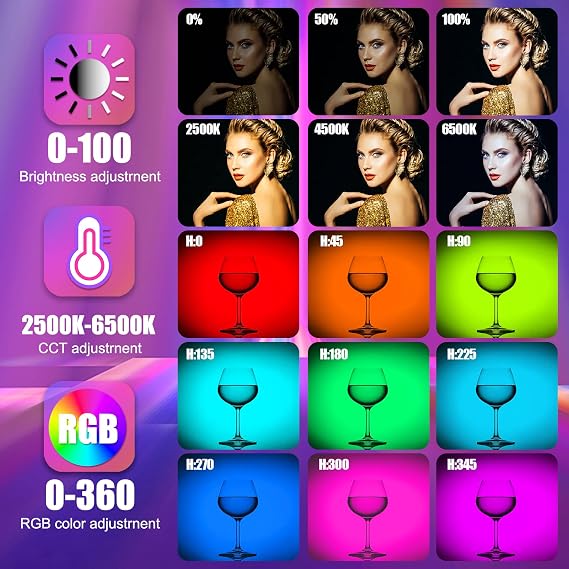 RGB LED Light Wand 360RGB Handheld Video Light Stick for Studio Photography, Battery Powered Tube Lights, 12 Lighting Effects, 2500-6500K Dimmable Camera Light with LCD