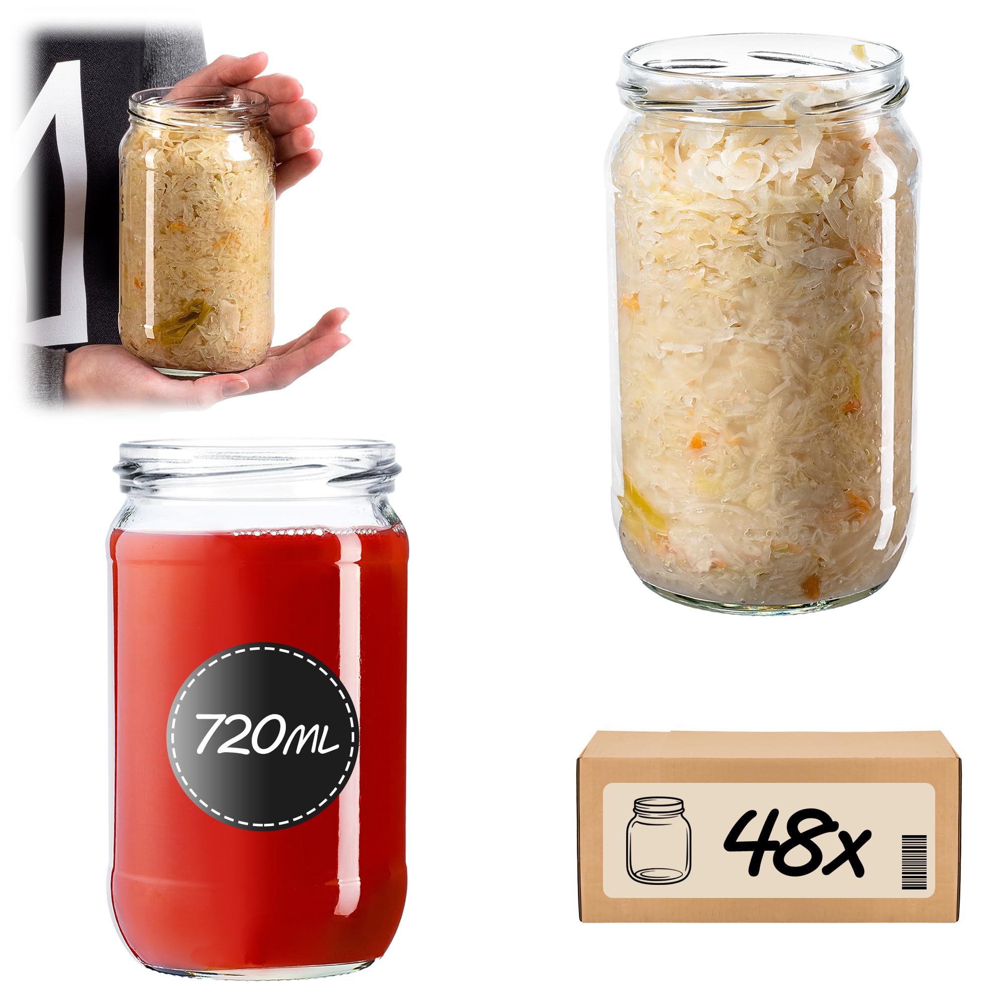 KADAX 48 tarros de conservas de 720 ml con tapa de rosca de 82 mm para conservas, conservas y preparación de comidas, tarros herméticos (sin tapa/48 unidades)