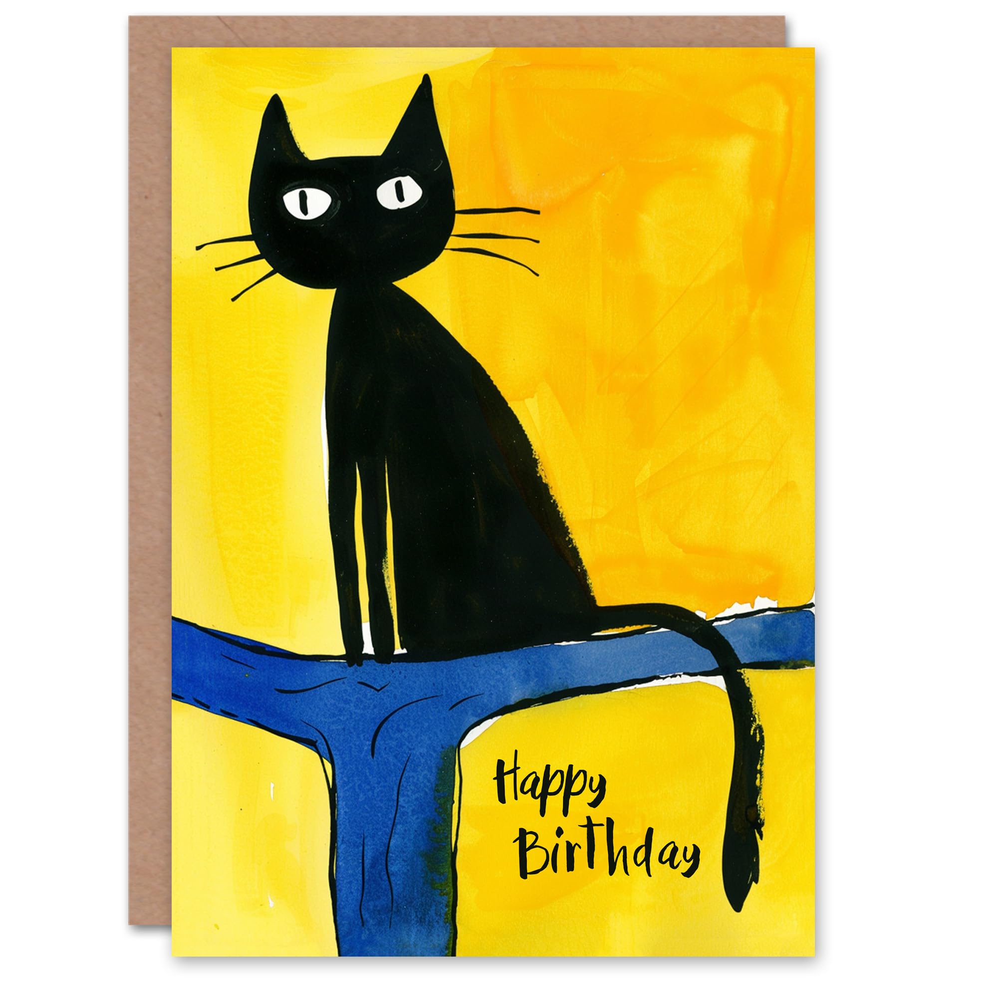 Artery8 Kitten on Tree Bold Yellow Blue Black Cat Lover Blank For Him Or Her Art Birthday Card