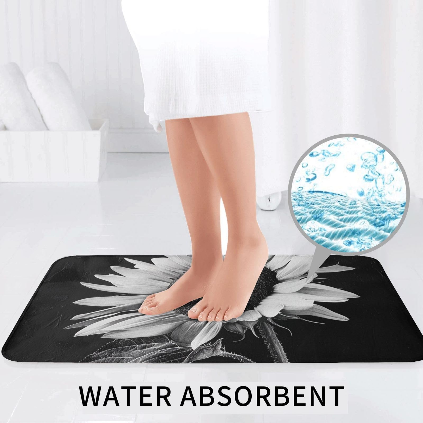 Lot de 3 tapis de bain antidérapants et absorbants en flanelle à imprimé tournesol noir et gris