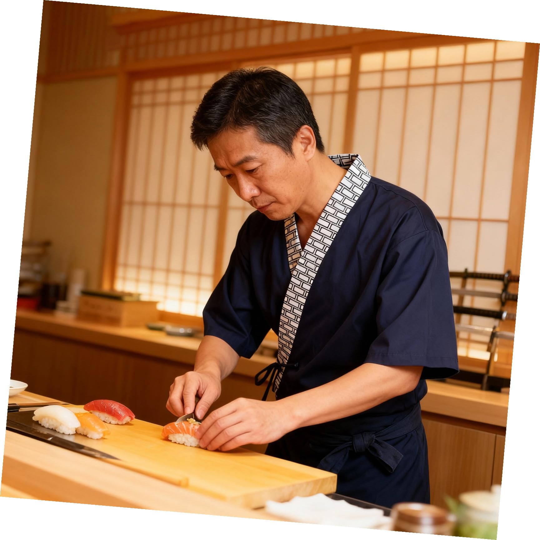 ibasenice Chaqueta Kimono Japonesa de Chef Sushi Unisex, Talla Grande L, Color Azul 425, Ropa de Trabajo para Cocina y Restaurante, Abrigo Tradicional para Hombre y Mujer, Uniforme Japonés
