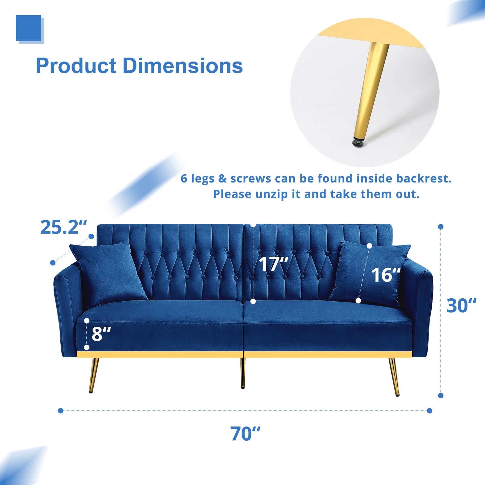 70” Velvet Futon Sofa Bed w/Adjustable Armrests, Blue | Convertible Sleeper Bed w/Adjustable Backrests, Modern Loveseat Couch w/Two Pillows for Living Room, Bedroom