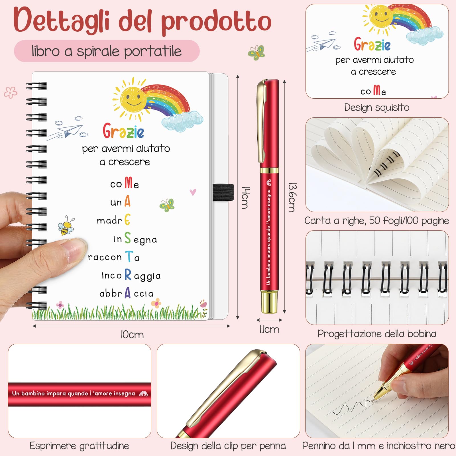 Hestya 5 Pezzi Regalo di Ringraziamento per Insegnante Include Borsa a Tracolla Blocco Note a Spiralato Portatile Portachiavi Segnalibri Penne a Sfera Regalo Maestre Fine Anno