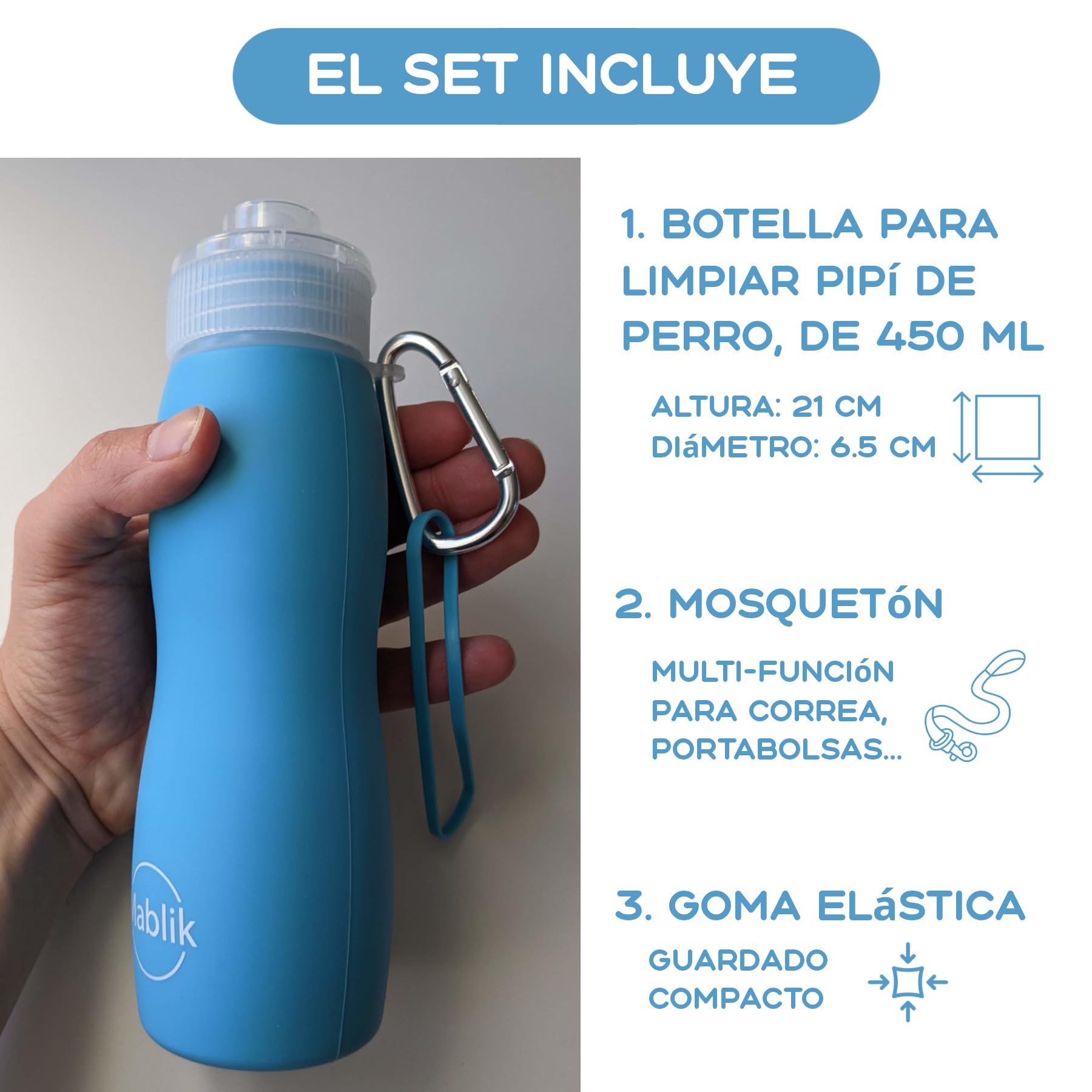 Botella Pipi Perros Silicona 450 ml, Color Azul. Botella Pipi Perros Calle, Plegable y Portátil Antigoteo, Resistente, Chorro a Presión. con Mosquetón y Goma Elástica. (Azul 450 ml)