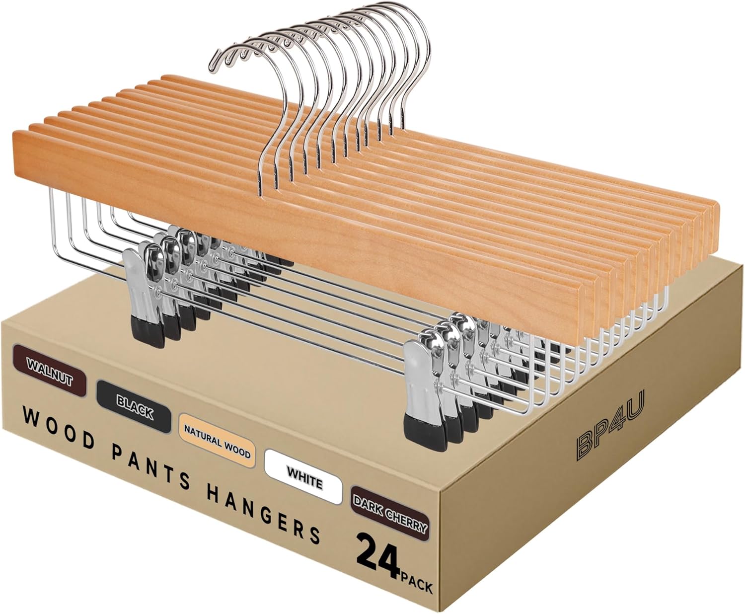 24-Pack 14" Wood Pants Hangers with Adjustable Non-Slip Clips, Bottom Hangers with 360° Swivel Hook, Space Saving Hangers for Skirts, Slacks, Trousers, Jeans (Natural Wood)