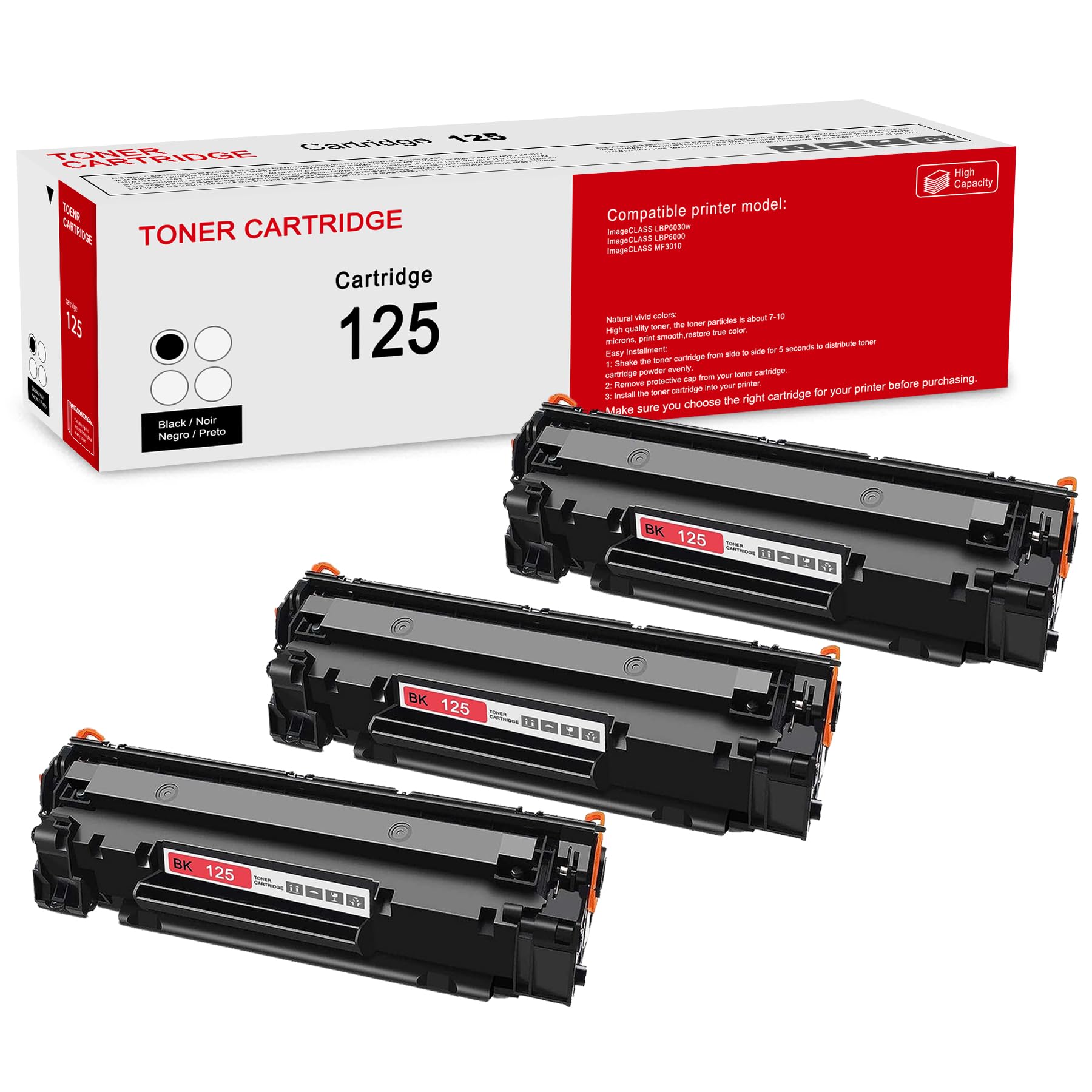 3 Pack 125 3484B001AA Black Toner Cartridge: Compatible CRG 125 3484B001AA Replacement for Canon ImageCLASS LBP6030w ImageCLASS LBP6000 ImageCLASS