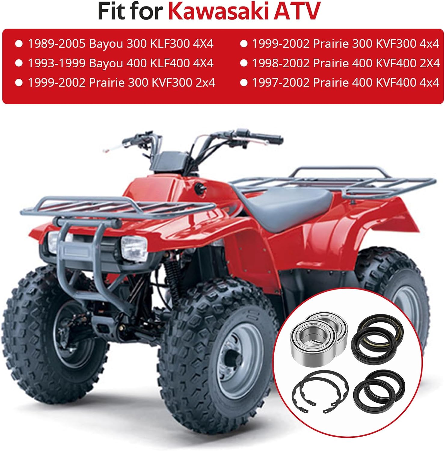 JAVIK Front Wheel Bearings & Seals Kit Fit for Kawasaki Prairie 300 KVF300 Prairie 400 KVF400 2x4 4x4 Bayou 300 KLF300 Bayou 400 KLF400,OEM#92045-1222