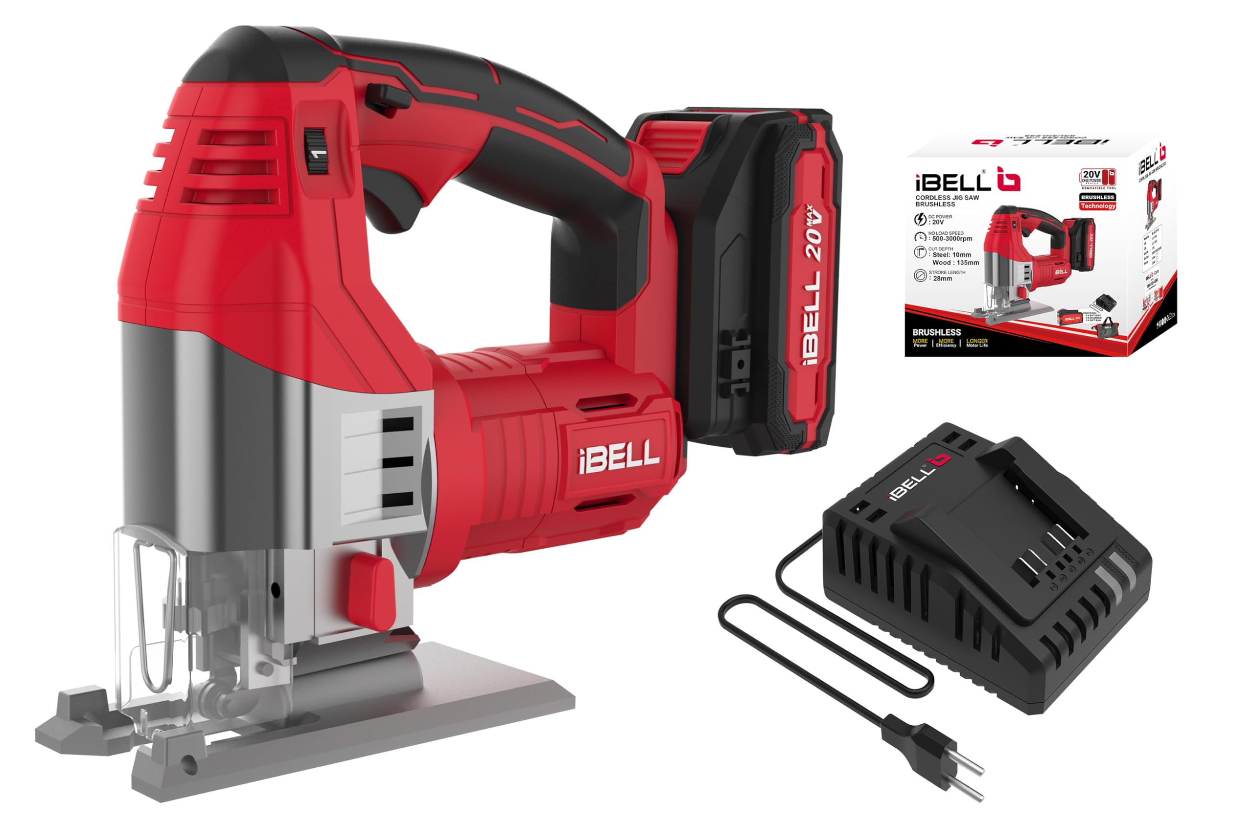 iBELL BJ29-65 One Power Series Cordless Jig Saw | 20V Variable Speed 500–3000 RPM | 28mm Stroke Length | Max Cutting Depth 135mm Wood & 10mm Steel | 4.0Ah Li-Ion Battery & Charger | 1-Year Warranty-image-15