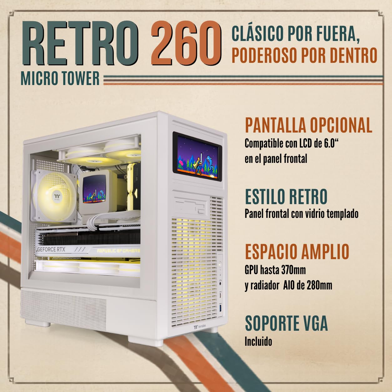 Thermaltake Retro 260 | Caja Micro ATX Diseño Retro | 2 Ventiladores de 120 mm Preinstalados | Cristal Templado Lateral | Compatible Tarjetas Gráficas de hasta 370 mm y AIO de hasta 280 mm | Beige