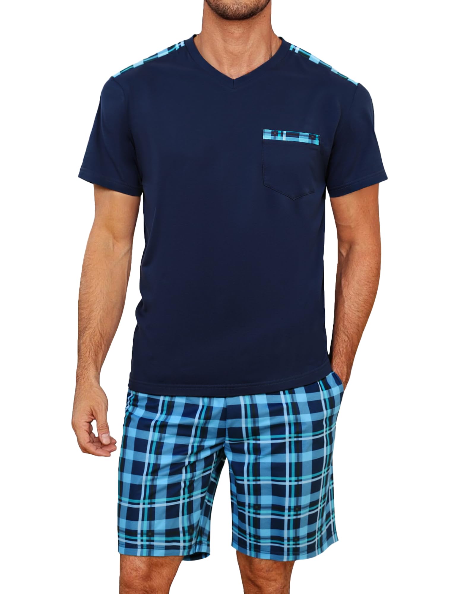 Litherday Schlafanzug Herren Kurz Sommer Baumwolle Pyjama Set Kurzarm Shorty Zweiteiliger T-Shirt Schlafanzughose Loungewear für Männer