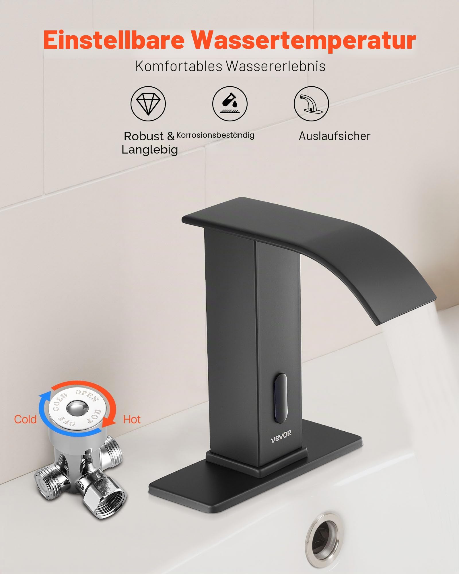 VEVOR berührungsloser Waschtischhahn (Mattschwarz) Badezimmer, automatische Waschtischarmatur mit Lochabdeckung, batteriebetriebener Wasserhahn gewerblicher Toilettenhahn, Sensorhahn mit Wasserfall