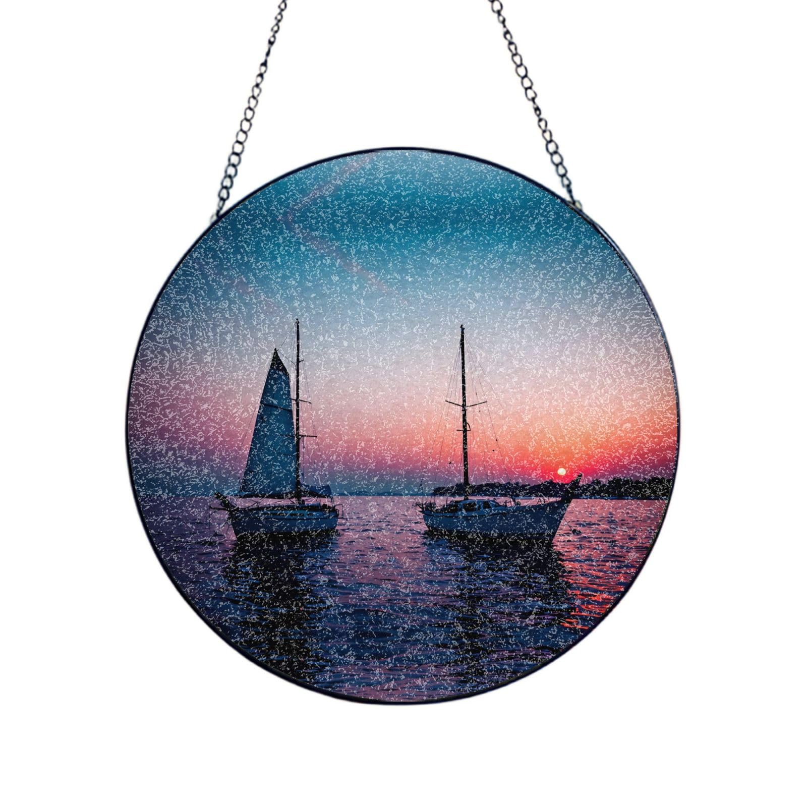 Poezjzw Stained Glass Window Hanging - Surreal Sailboat Sun Catcher For Door Garden Home Decor Christmas Mother'S Day Birthday Gifts 12in（30cm）