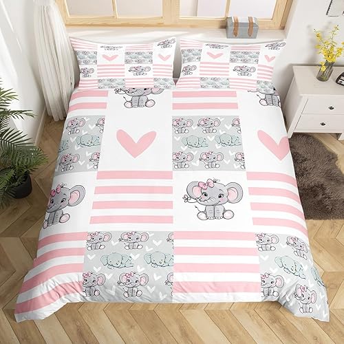 Lindo juego de ropa de cama de elefante, juego de funda de edredón a rayas rosas y blancas para decoración de habitación de adolescentes y mujeres,
