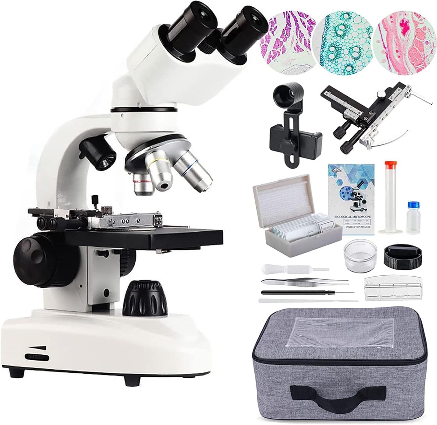 Binocular Compound Lab Microscope,Double Layer Mechanical Stage+10PCS Blank Slides,Phone Holder&Caliper,for Students Teaching and Beginners Hobbyist,15000X