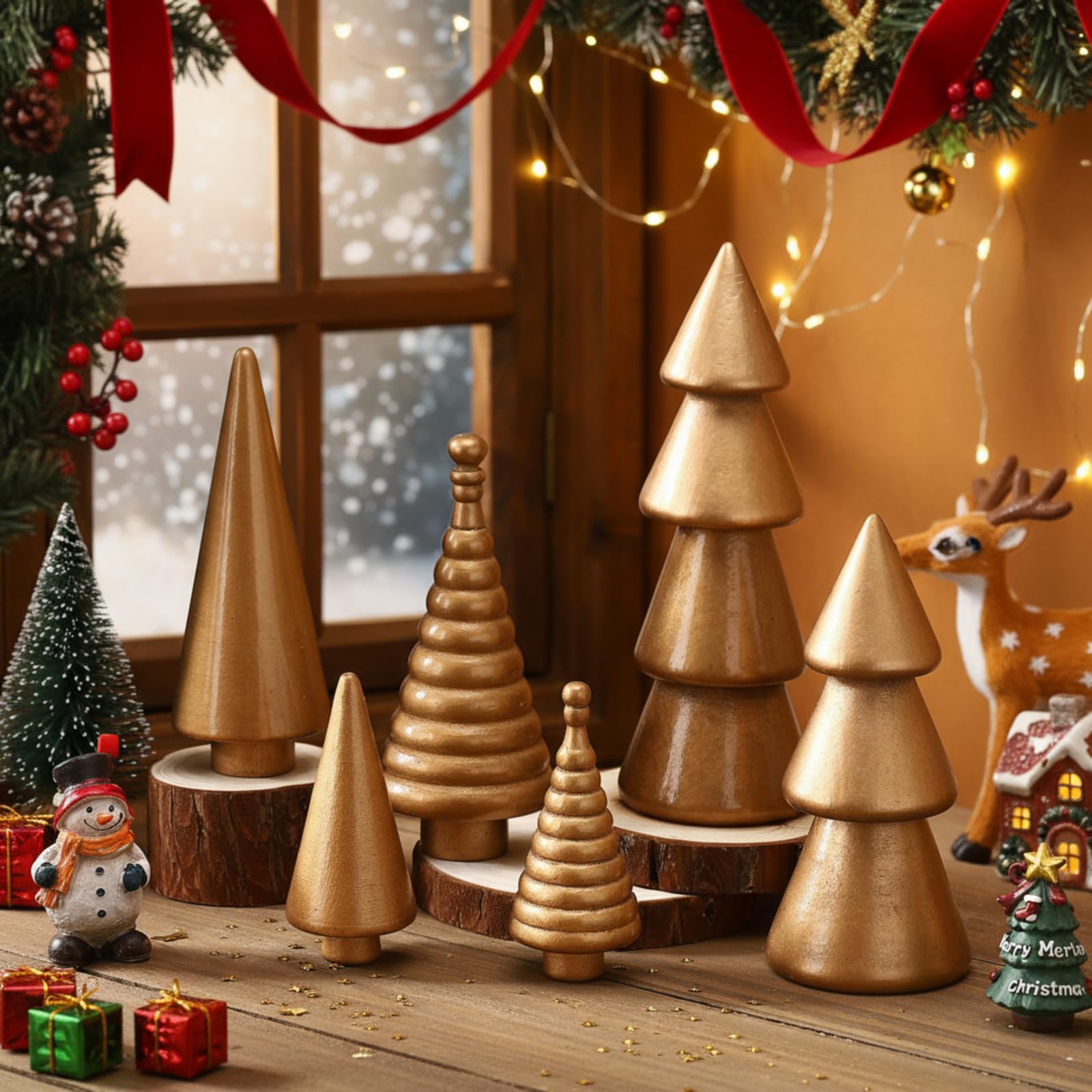 Namalu Juego de 6 mini árboles de Navidad de madera vintage hechos a mano de madera rústica, mini árboles de Navidad, centro de mesa de Navidad para decoración de mesa (dorado, estilo opulento)