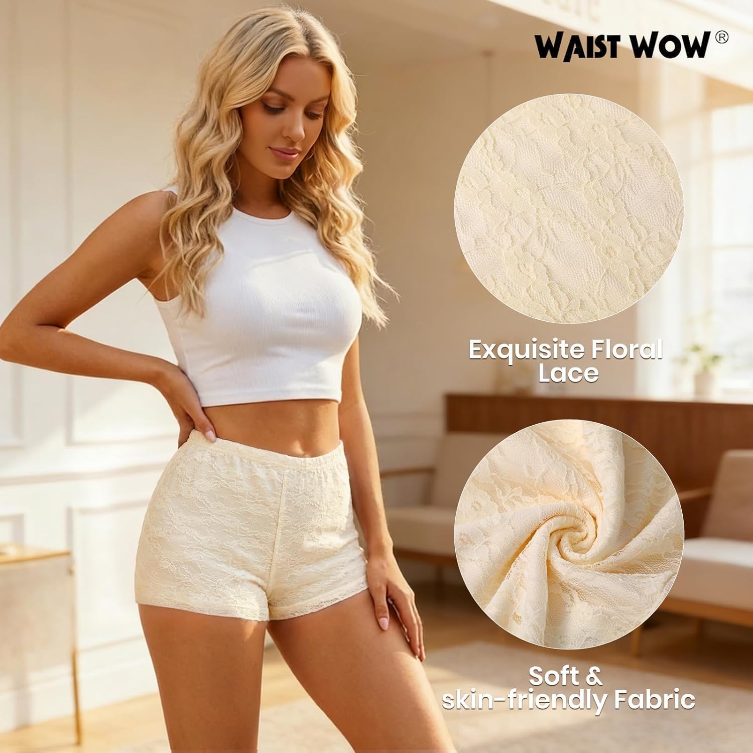 Women's Mini Shorts- Floral Lace Booty Shorts Low Rise Stretchy Pants for Rave Party