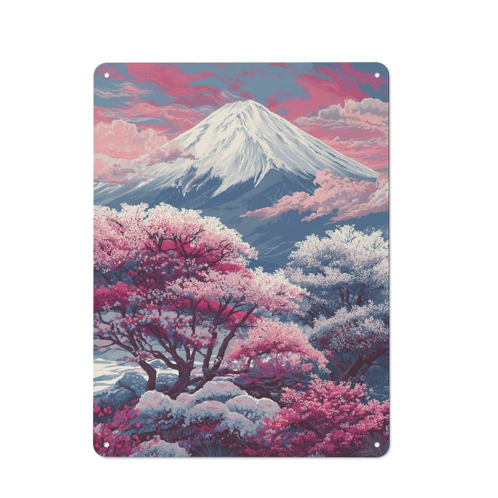 Junmoney Cherry Blossoms At Fuji Modern Retro Metal Wall Decor 40X30cm, Metal Wall Sign For Loft, Studio, Office Or Creative Room