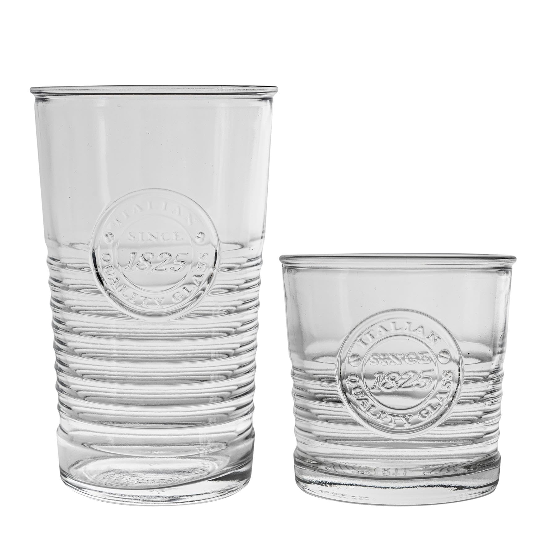 Bormioli Rocco Transparent Officina 1825 Ridged Whisky Tumblers And Highball Cocktail Glasses - 300Ml, 475Ml - 12Pc Set