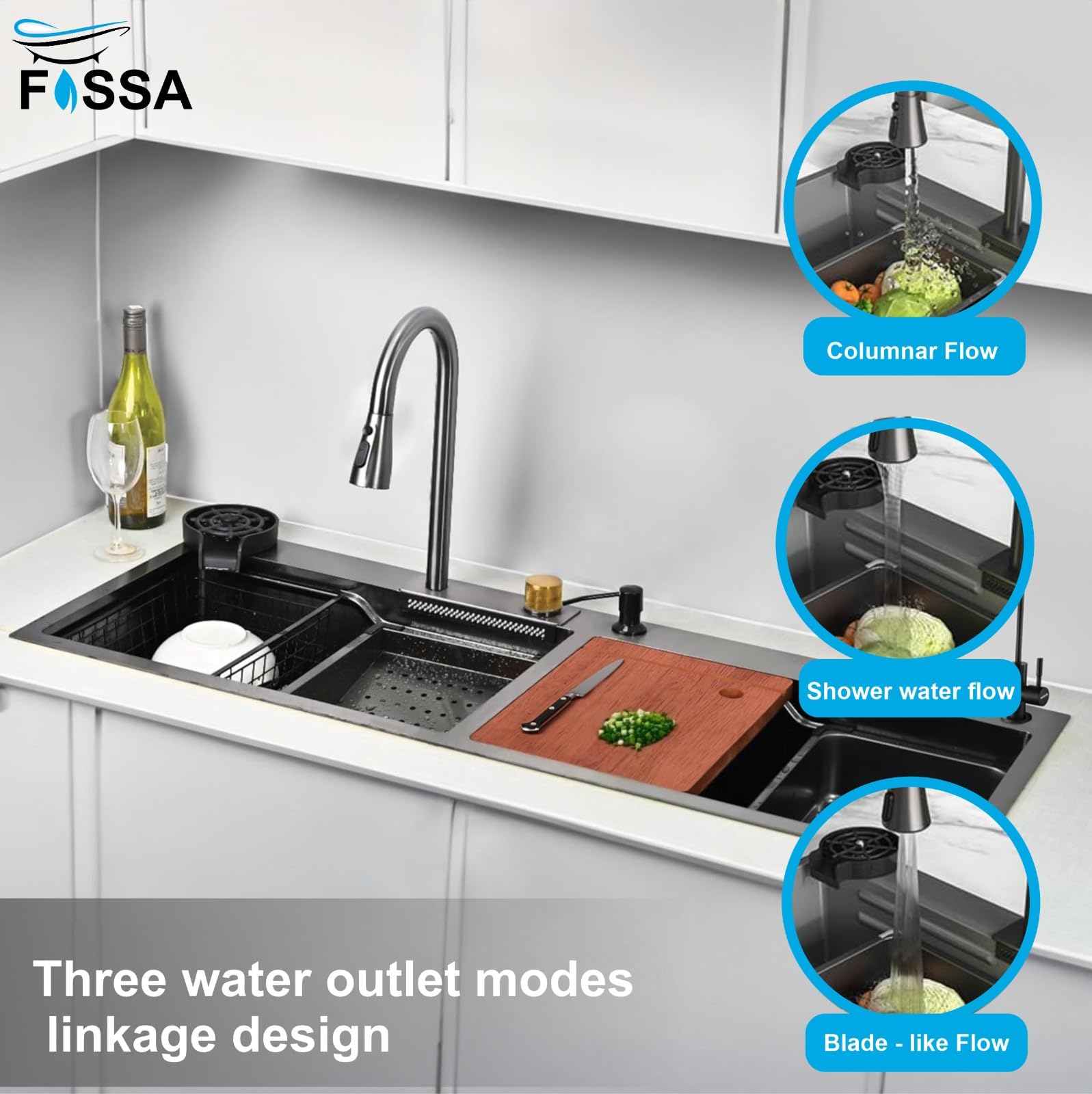 Fossa 47"x18"x10" Inch 5-Year Warranty Double Bowl Waterfall Kitchen Sink Honeycomb Embossed Sink with black Nano Coating, Pure Stainless Steel Sink, faucet with all Accessories. 3