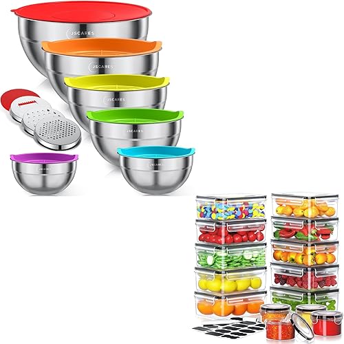 JSCARES 28 recipientes de almacenamiento de alimentos con tapas herméticas + 6 tazones de metal de acero inoxidable con 3 accesorios para