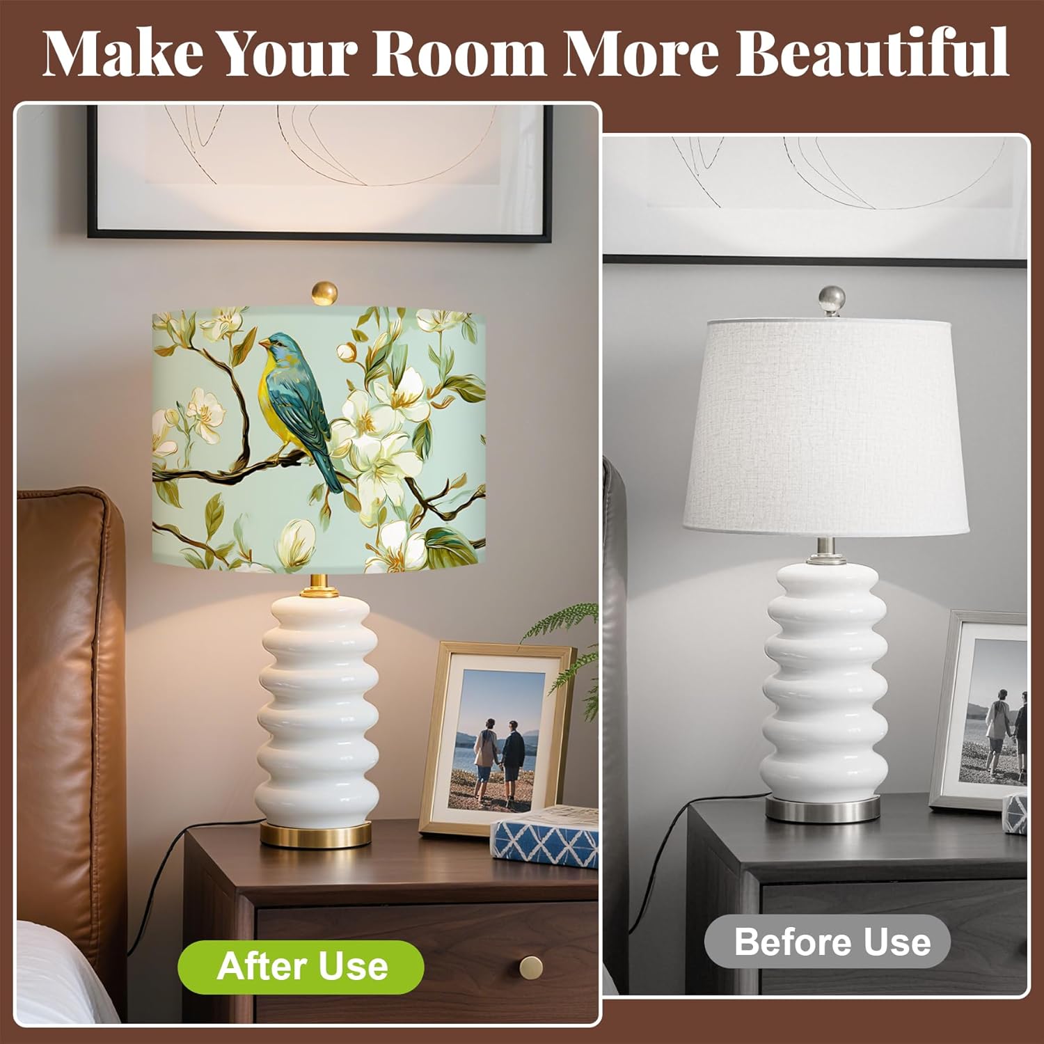 Table Lamp Shade, 13”W x 10”H HD Printing Geometric floral leaves marble Lampshade, Lamps shades, Modern Lampshade Decor for Table and Floor Lamps (Birds)
