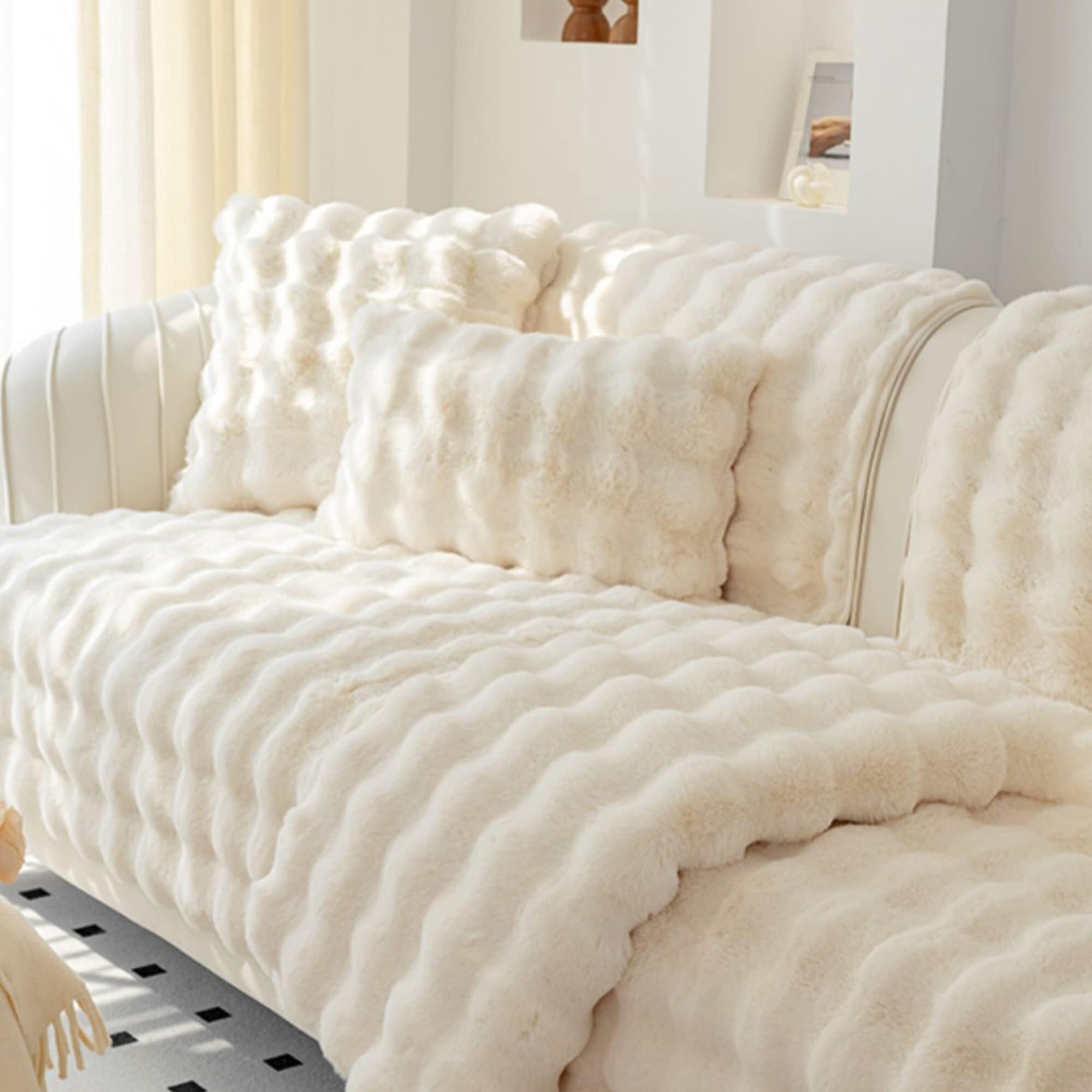 YUMEIGE Upgraded Couch Covers - Thick Plush Faux Rabbit Fur Sofa Cushion Non-Slip Warm Soft Cozy Couch Covers Pillow Covers Furniture Protector(Beige,110 * 110cm) — image 1