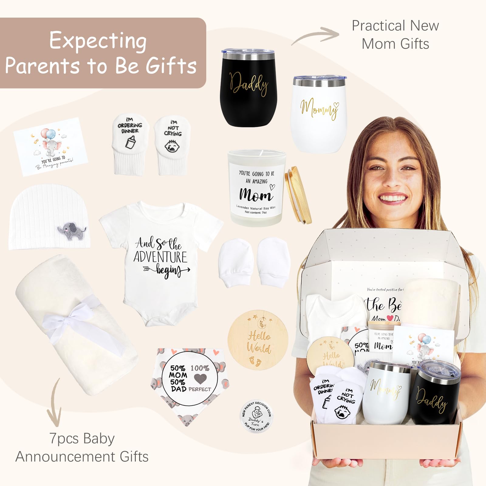 Regalos para nuevas mamás para mujeres, regalo de embarazo de lujo para nuevos padres, regalos de revelación de género, juegos de bebé de elefante con vaso para mamá, papá, artículos esenciales para