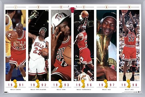 Trends International Michael Jordan - Póster de pared de campeonatos, 14.72 x 22.37 pulgadas, versión enmarcada plateada
