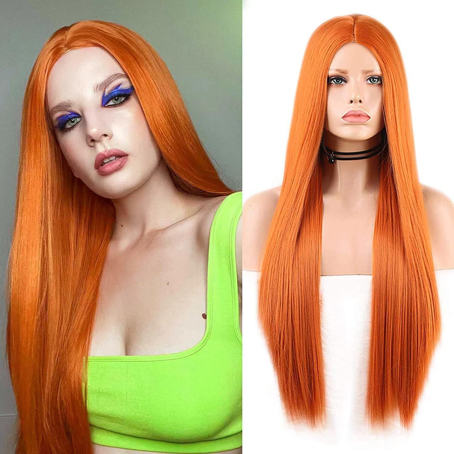 PORSMEER Long Orange Wigs for Women Natural Silky Straight Synthetic Hair Wig Heat Resistant Fibers Vivid Color Wig for Cosplay or Daily Wear